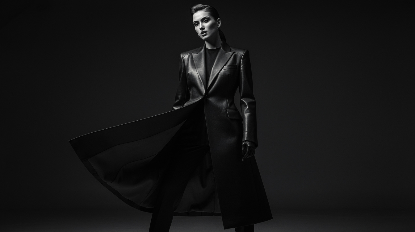 Black and white editorial fashion photograph with dramatic lighting and an elegant silhouette