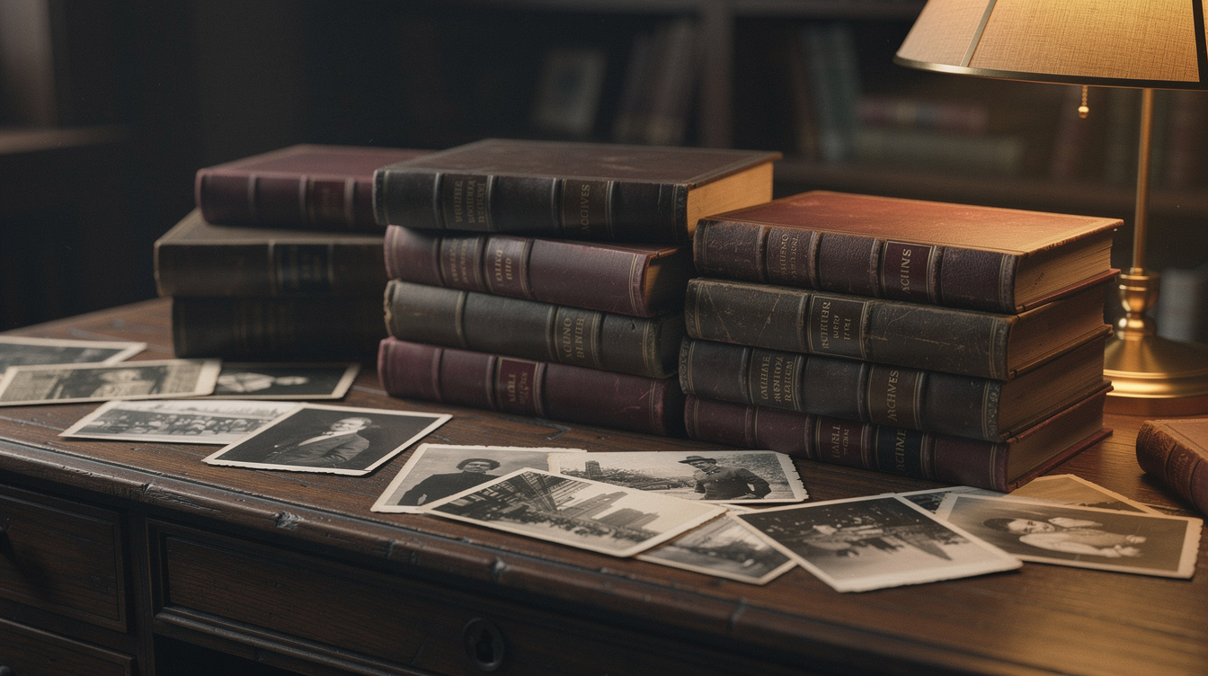 Stack of leather-bound archive volumes and old photographs on a desk